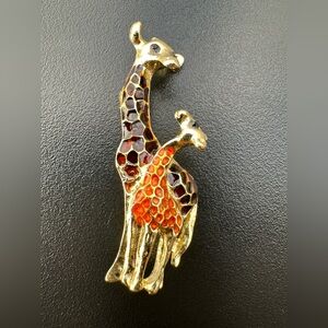 Orange Brown Enamel Mother and Baby Giraffe Brooch